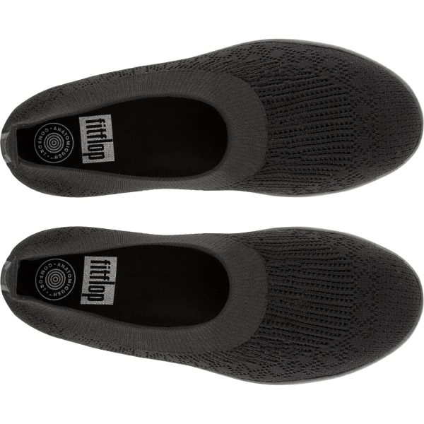 Women s FitFlop Uberknit Slip-On Ballerina All Black Knit Fabric Fashion